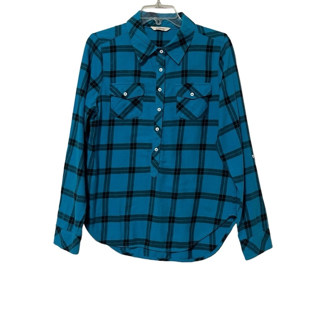 Sundance Blue Black Plaid Flannel Button Up Shirt Western Country Barn Boho